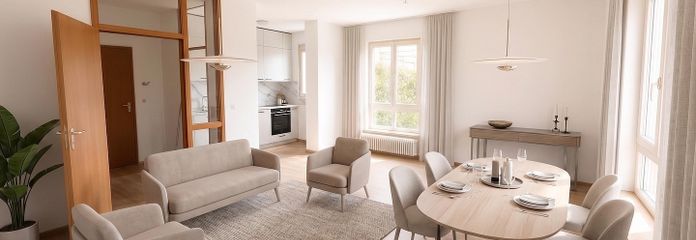 Luminoso appartamento di 2 locali a Kornwestheim, terrazza, giardino, garage interrato, ristrutturato e tapparelle elettriche – Wohnzimmer, KI eingerichtet