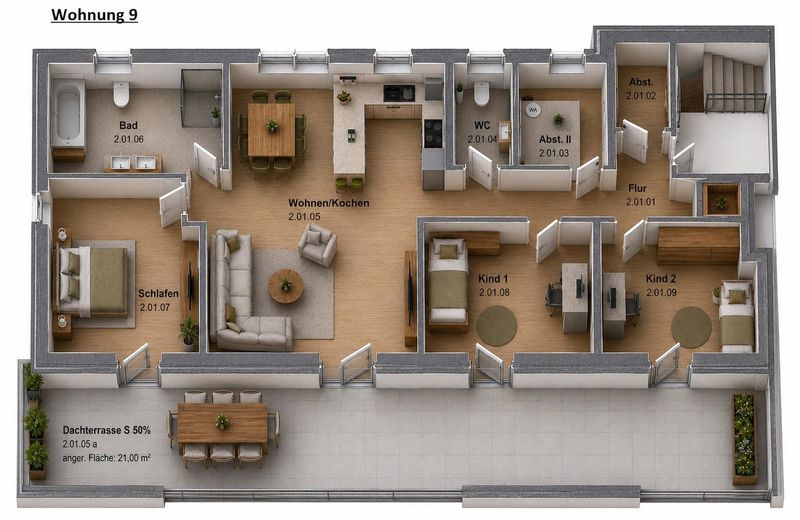 Erstbezug Neubau: Penthouse, 4 Zimmer Wohnung 112 m² Dachterrasse Einbauküche in Neumünster Gadeland – Penthouse mit Dachterrasse