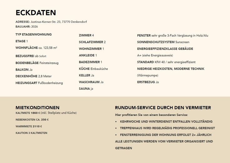 Erstbezug- hochwertige 4-Zimmer-Neubauwohnung mit 2,8m Deckenhöhe, Loggia und Sauna – Eckdaten & Inklusivleistungen
