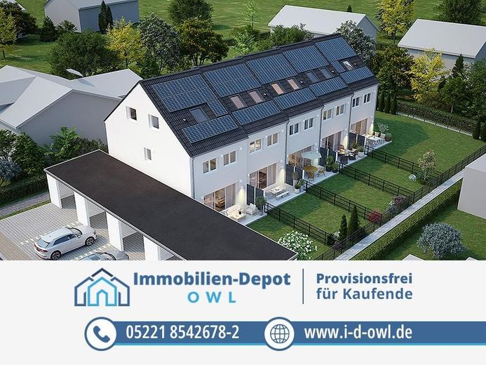 Reihenhausanlage in familienfreundlicher Lage - modern, effizient, wertbeständig – Außenansicht Garten (mit Logo)