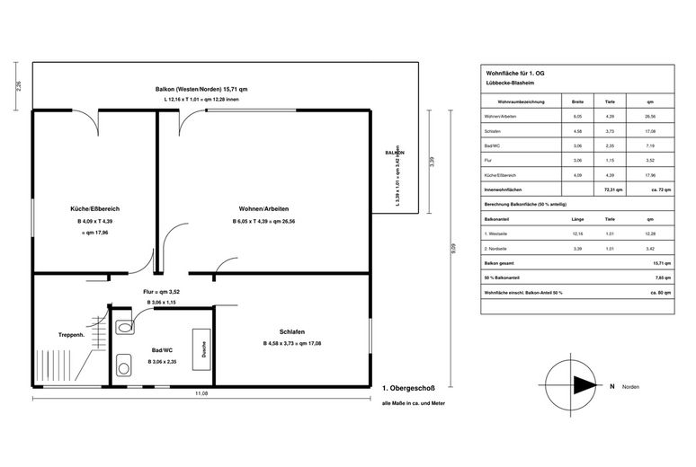 Panoramik balkonlu 3 ailelik binada kat dairesi (1. kat) – 2 Zimmer, Küche/Eßbereich, Bad
