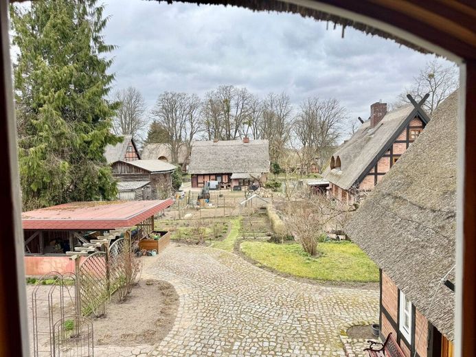 HORN IMMOBILIEN ++ tolles Reetdach-Fachwerkhaus in Alt Rehse bei Neubrandenburg, Denkmalschutz – Blick aus dem Fenster
