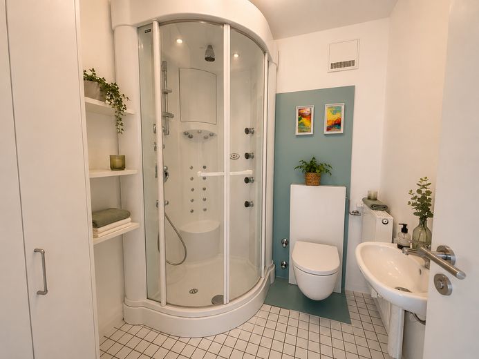 Excepcionalmente amplio apartamento en propiedad de 3–4 habitaciones con baño wellness, dos jardines de invierno, cocina equipada – Badezimmer mit Dampfdusche