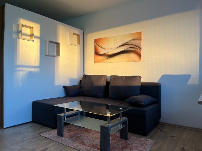 Möbliertes Apartment im Münchner Süden mit Pool, Grünanlage und Fernblick – Wohnzimmer, Couch