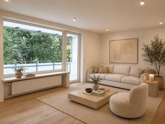 Kernsanierte 2,5-Zimmer-Wohnung mit Balkon in Solln – Erstbezug, provisionsfrei – Wohnzimmer_visualisiert