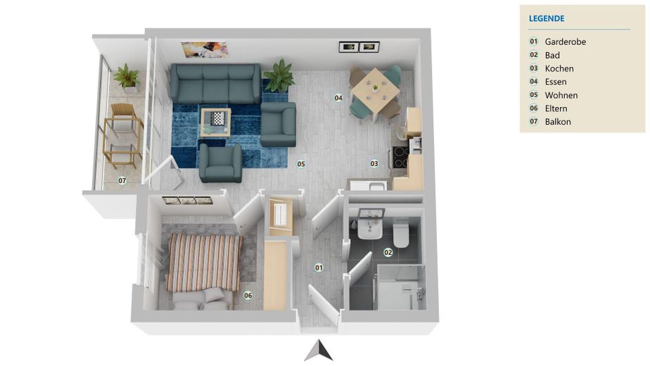 Appartamento ristrutturato integralmente di 2 locali con cucina abitabile, al piano rialzato, con balcone, garage sotterraneo e nuova cucina di marca – Grundriss