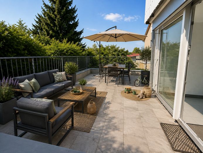 Appartamento di 3,5 locali. Piano terra, terrazza, posto auto + garage interrato. Privo di barriere, senza provvigione, da privato, senza agenzia – Terrasse (mit KI möbliert)