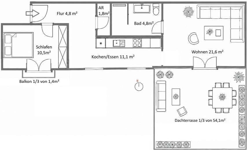 Erstbezug nach Kernsanierung - 2 Zimmer mit Dachterrasse in Neubiberg, provisionsfrei – Grundriss