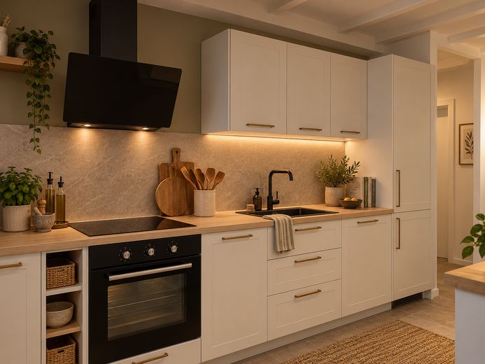 Per proprietari e investitori: ristrutturato di recente con balcone coperto e vista libera sul verde – Küche -mit Insel angrenzend