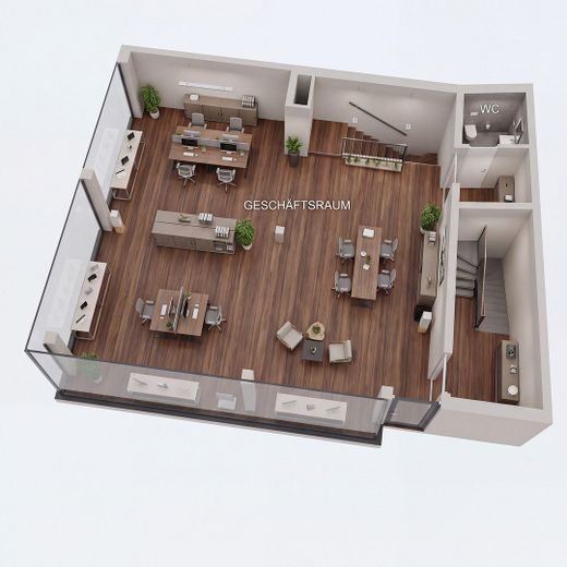 Biuro/gabinet/handel detaliczny z przemyślanym układem pomieszczeń, centrum miasta – Grundriss Links Gewerbe 137 m²