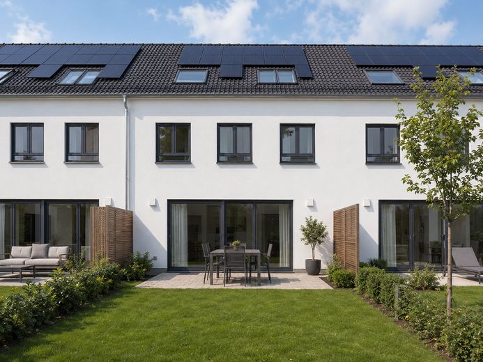 Erstbezug: A+ Neubau-Reihenhaus mit 6 Zimmern, Premiumküche, PV-Speicher & Garten – Garten, Terrasse & PV