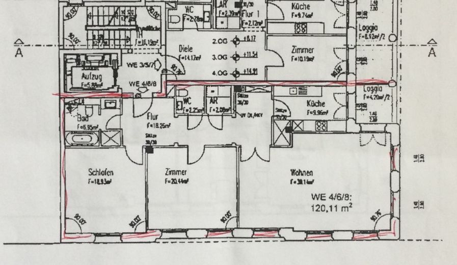 Exklusieve 3 Zimmer Wohnung mit Loggia, Stellplatz, Fußbodenheizung, Gäste WC, Klimaanlage – Grundriss Rot markiert