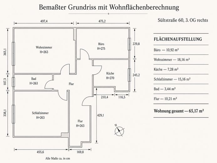Frisch sanierte, bezugsfreie 3-Zimmer-Wohnung mit Eichenparkett in ruhiger Lage Prenzlauer Berg – Bemaßter Grundriss