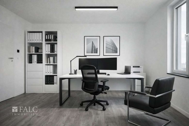 "Großzügiger Raum zur freien Gestaltung, beispielhaft als Homeoffice visualisiert."