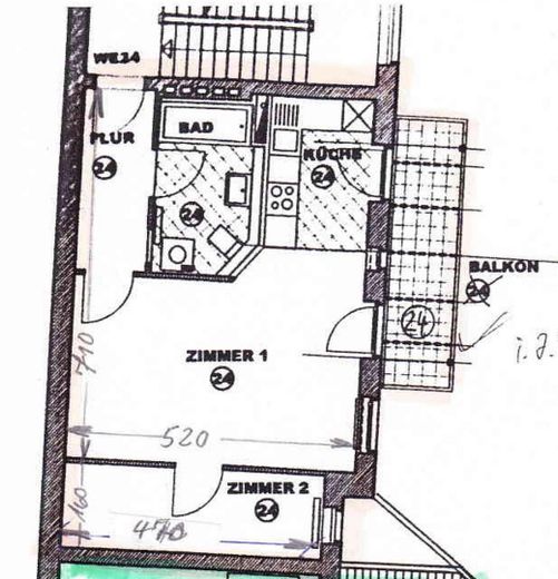 Provisionsfrei: Helle, bezugsfreie 2-Zimmer Altbauwohnung mit Südwest-Balkon im Florakiez – Grundriss