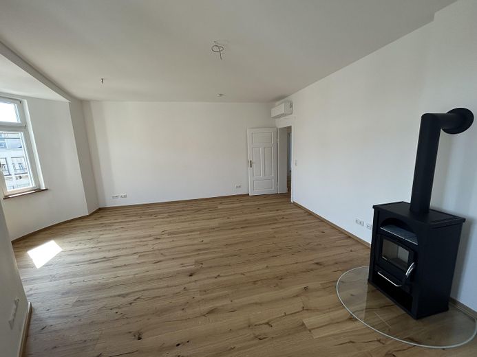Kernsanierte 4-Zi-Altbauwohnung mit Balkon im Herzen Bambergs – Wohn-/Esszimmer mit Ofen