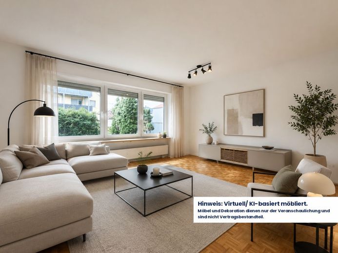 Renovierte EG 4-Zimmer WHG mit Balkon, Einbauküche und Garage – KI-Wohnzimmer
