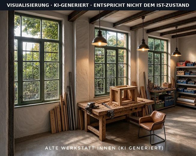 Maison à colombages avec cour intérieure, atelier et garage – vieille ville d’Uelzen, sans commission – Werkstatt (KI visualisiert)