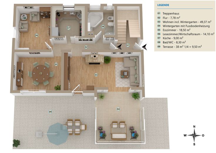 Beste Wohnlage und hochwertige Ausstattung, Garten Süd-West Ausrichtung mit Pool – EG Variante I.