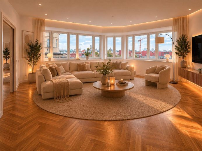 Provisionsfrei: Außergewöhnliche Dachgeschosswohnung mit Blick über Berlin und toller Dach-Terrasse – Wohnzimmer KI