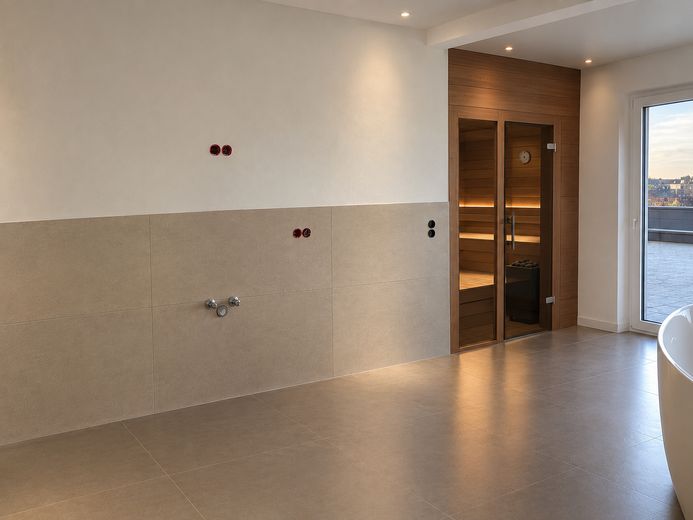 Abitare nel lusso in un attico di 200 m² con capannone, officina, produzione e attività commerciale – Sauna mit Ki