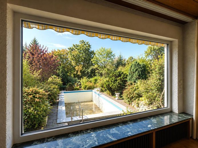 >700 m² “Daha güzeli olamaz!” konumunda, korunabilecek veya yeniden tasarlanabilecek büyük evle – Blick aus dem Esszimmer