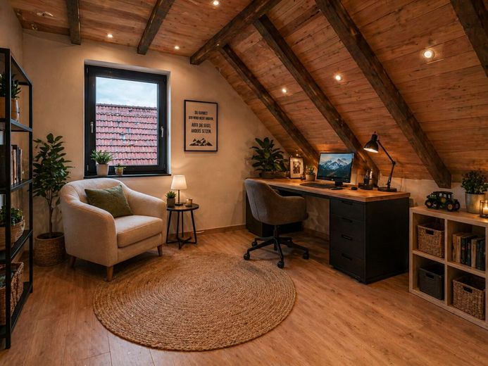 Einmaliger Vierseithof im LK Bamberg! Riesiges Grundstück, 2 x Haus, Halle, 6000 qm Bauland! Garten! – DG Zimmer links - Ausbauidee des Rohbauzustandes