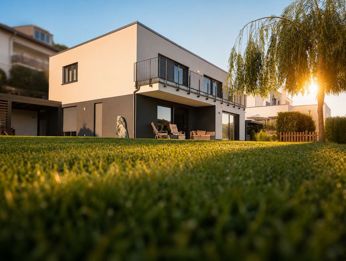 RISERVATO - Moderna casa familiare con vista – scuola, asilo e negozi raggiungibili a piedi – Gartenansicht mit Terrasse