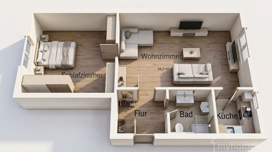 KAPITALANLAGE
2-Zimmer-Eigentumswohnung in Fürth – Grundriss3D_44,2qm_90763 Fürth