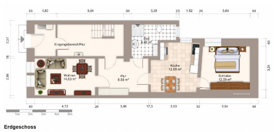 2-Raum-Altbauwohnung mit eigenem Garten & Terrasse, EBK, WG-geeignet – Weimar Altstadt – Grundriss