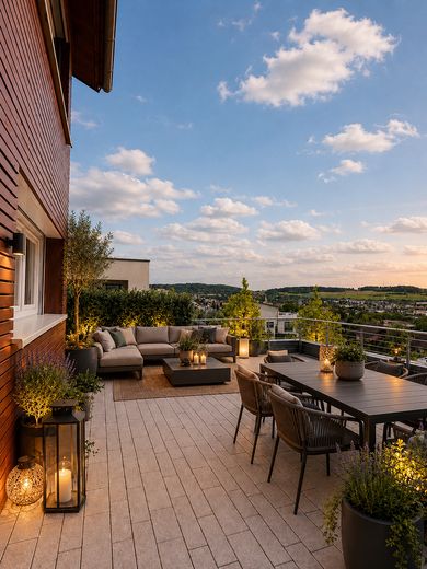 Casa unifamiliare indipendente in una posizione speciale ai margini dei campi, con ampie superfici terrazzate – Gestaltungsvorschlag Terrasse