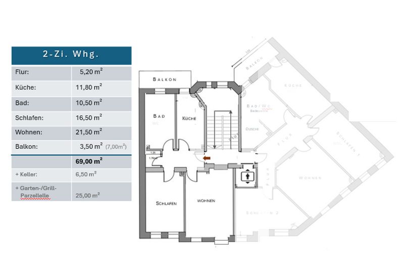 2-Zi. Wohnung + Balkon + Keller + Garten + Aufzug – Grundriss 