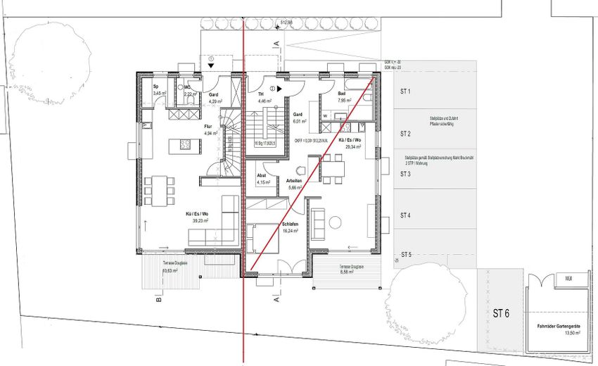 Doppelhaushälfte in Holzmassivbauweise – KfW 40 Plus, ca. 150 m², S/W-Garten & beheiztes KG – Grundriss EG mit Garten