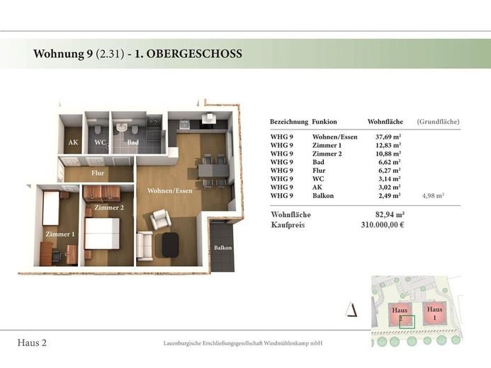3 Zimmer 1. OG Neubau-Eigentumswohnung 2.31 – 1. OG Wohnung 2.31