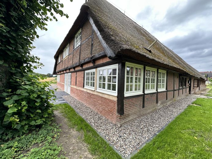 hochwertiger Erstbezug im kernsanierten Bauernhaus - Maisonette unter Reet am Elbdeich – Hausfront