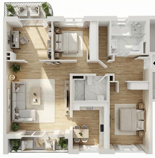 Exklusive 4-Zimmer-Wohnung im Erstbezug mit Balkon und Loggia – September 2025 / H9-25 – 3D Einrichtungsbeispiel  