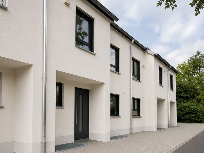 Erstbezug: A+ Neubau-Reihenhaus mit 6 Zimmern, Premiumküche, PV-Speicher & Garten – Hausansicht seitlich