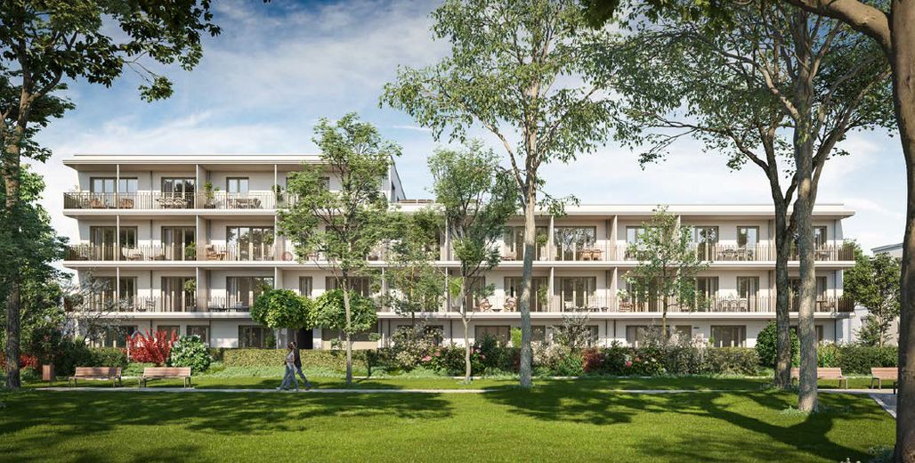 Neubau 2-Zi-WHG in Feldmoching möbliert und mit Balkon, Erstbezug – Südansicht der Wohnanlage