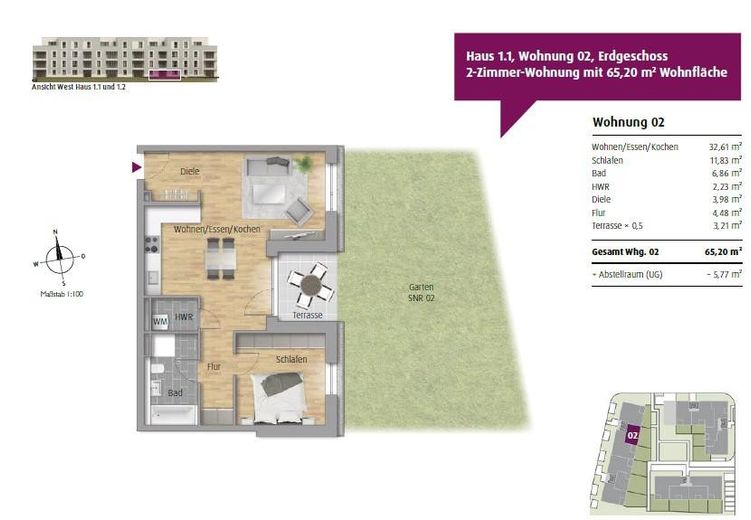 Ihr eigener Garten im Neubau – 65 m², Maintal, nahe Frankfurt – Grundriss und privater Garten