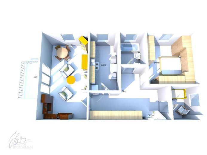 ***VOLL MÖBLIERTE TRAUMWOHNUNG - EINZIEHEN UND SOFORT ZU HAUSE SEIN*** 2,5 Raumwohnung mit Balkon und Tageslichtbad zu vermieten – 3D-Ansicht möbliert