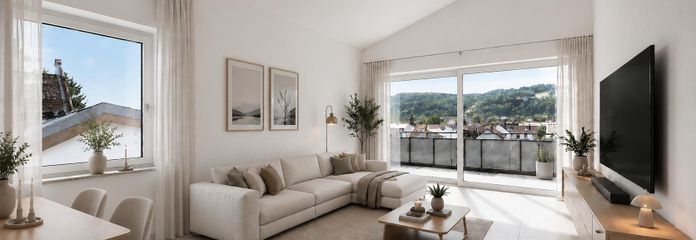 EERSTE BEWONING - 3-kamerappartement op toplocatie, comfort en ambiance in de nieuwbouw aan de Klingenburg – Wohnzimmer KI generiert