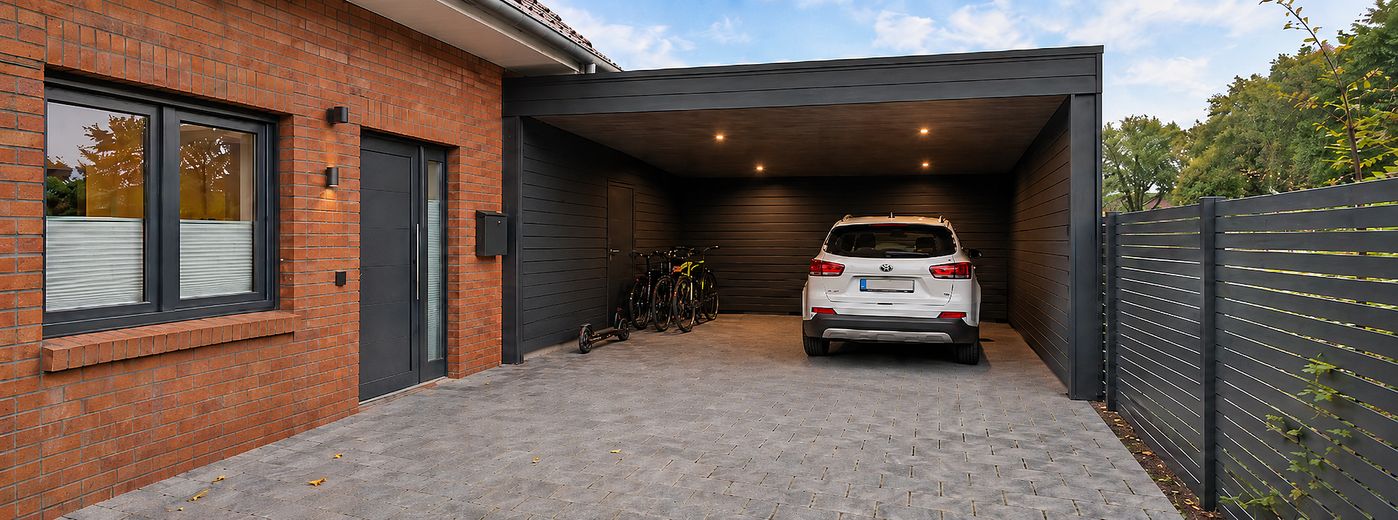 Construction neuve spacieuse avec logement indépendant, installation photovoltaïque et concept d’utilisation polyvalent à Meppen-Rühle – Einfahrt Carport visualisiert