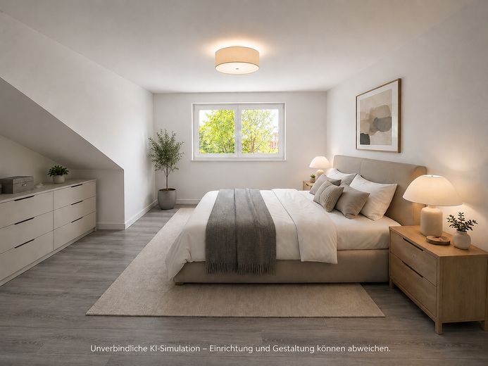 ERSTBEZUG 2,5 Zimmer KFW55 DG mit Ankleidezimmer, Loggia, FBH, EBK, Wallbox – Schlafzimmer virtuell