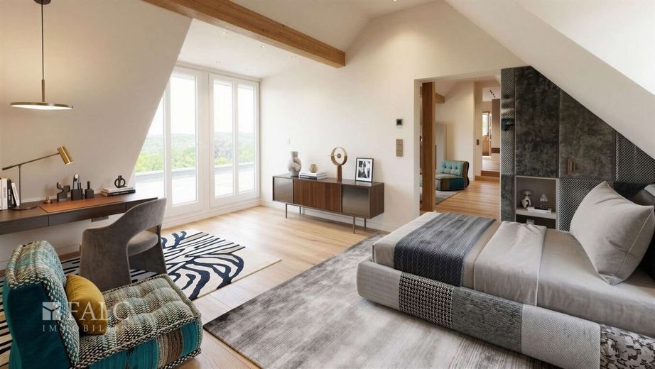 Wohnen mit Aussicht - hier gehen Fachwerk und Moderne Hand-in-Hand – WE DG - Schlafzimmer Einrichtungsbeispiel (KI Staging)