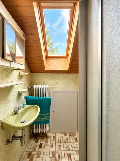 Vielseitiges Wohn- und Gewerbeobjekt mit Hallen & Werkstatt in naturnaher Lage – Badezimmer DG KI generiert