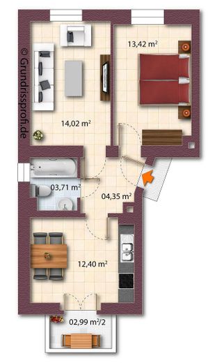 Starannie odnowione mieszkanie 2-pokojowe w zabytkowym budynku objętym indywidualną ochroną, z balkonem – Gestalteter Wohnungsgrundriss
