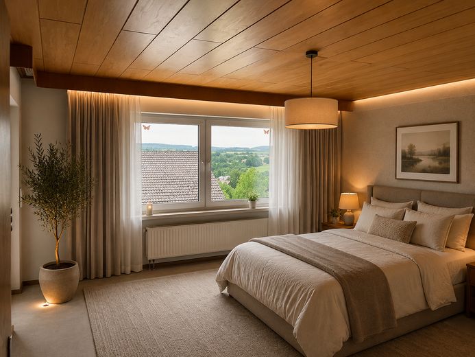 Hochwertiges Zweifamilienhaus, gehobene Ausstattung, Ausbaupotential, traumhafter Ausblick – Schlafzimmer (generiert)