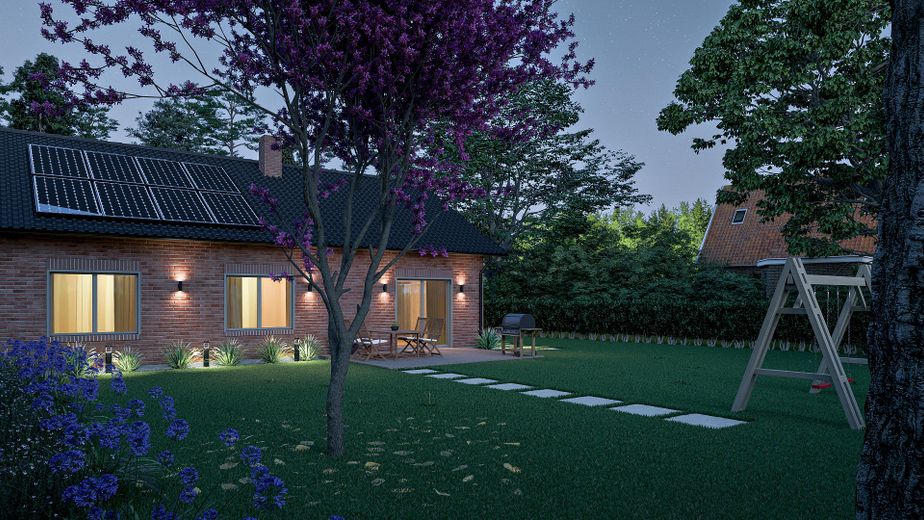 Demi-maison bungalow haut de gamme avec cuisine équipée et sauna – situation attractive et calme à Barum – Garten bei Nacht 