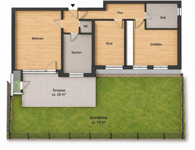 Ffm-Sachsenhausen: seltene Gelegenheit! 3 ZKB im EG, 93m² mit großer Terrasse + 75m² Grünfläche! – Grundriss EG+Terr+Freifläche