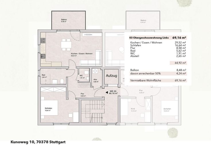 Primera ocupación: 2× vivienda de 2 habitaciones con ascensor - a elegir con jardín de 100 m² o balcón orientado al sur – WE03 Grundriss OG